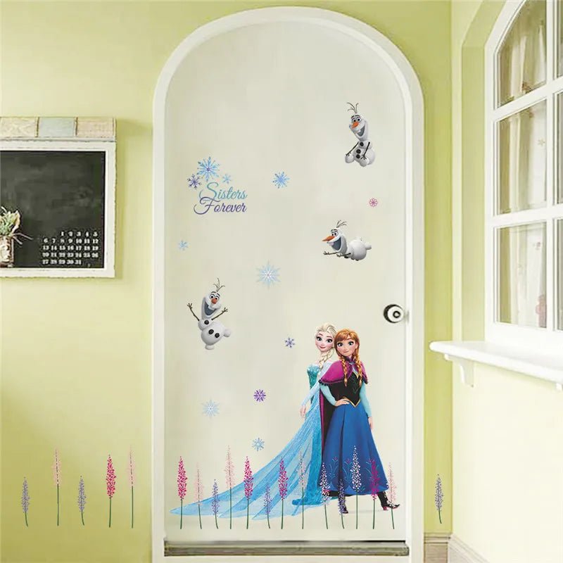 Decorative wall stickers of a princess and Olaf on a door with 'Sisters Forever' text.