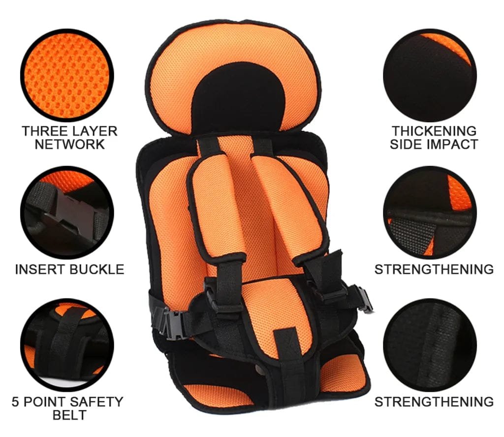 Orange and black child safety seat with feature highlights on a white background