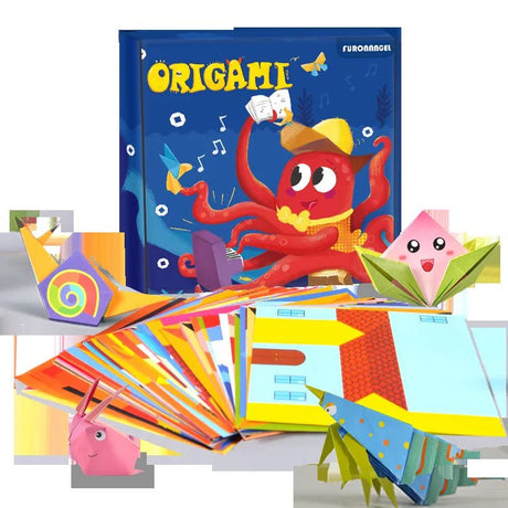 Origami kit with colorful paper and instructions, featuring a cartoon octopus on the packaging.