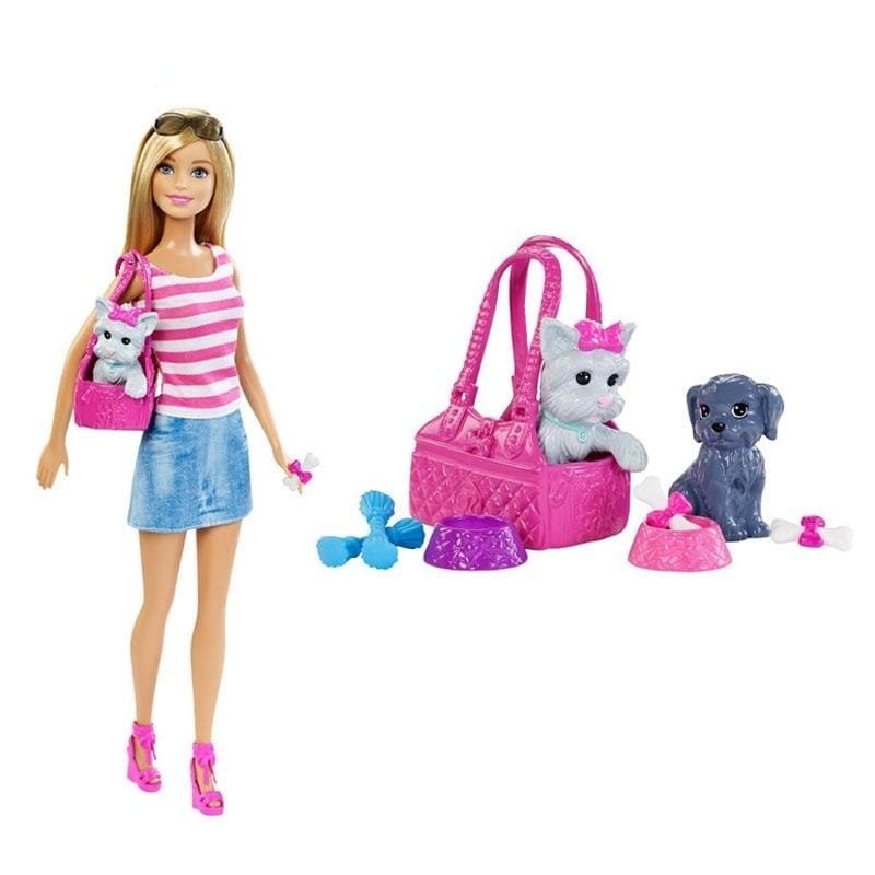 Barbie doll with pet carrier, pets, and accessories 