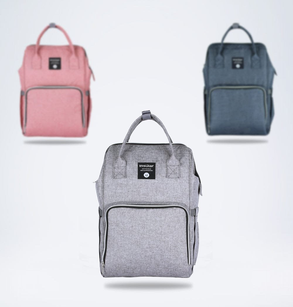 Three backpacks in pink, gray, and blue 
