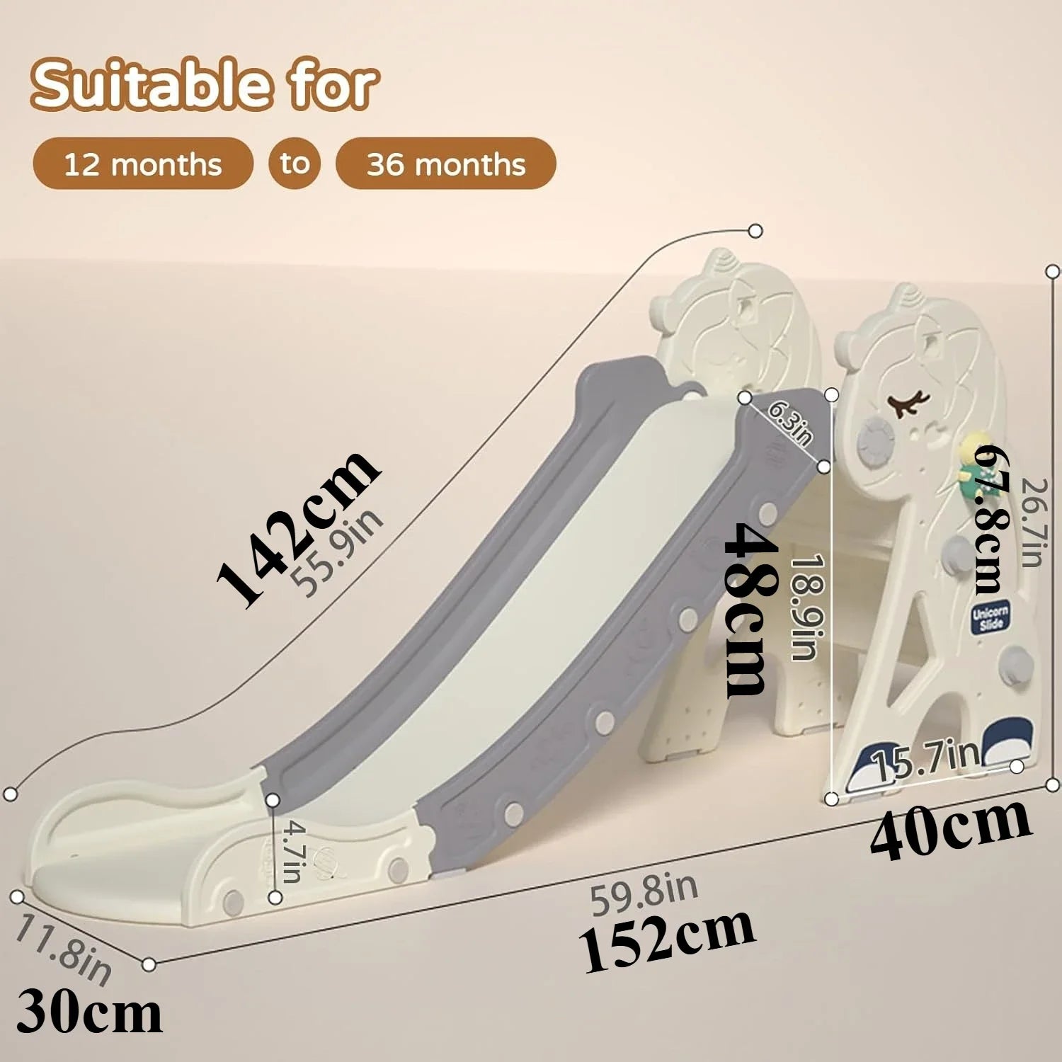 Measurement chart for a children's slide with dimensions labeled.