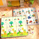 Two children's play mats with animal designs on a wooden floor.