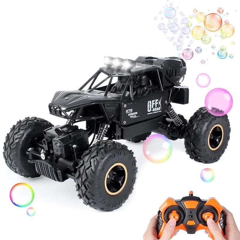 Remote control off-road vehicle with large wheels and a bubble machine 