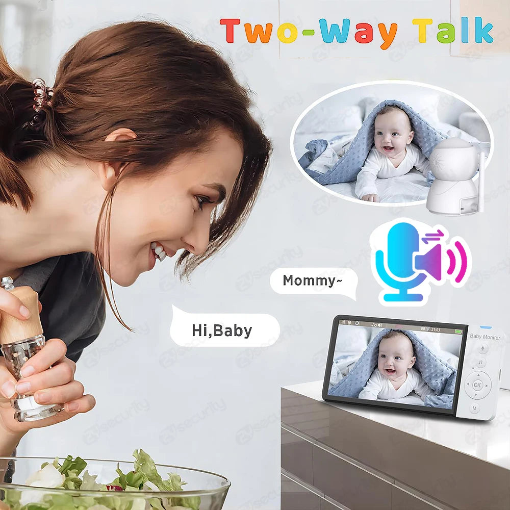 Woman interacting with a baby monitor showing a baby and 'Two-Way Talk' text.
