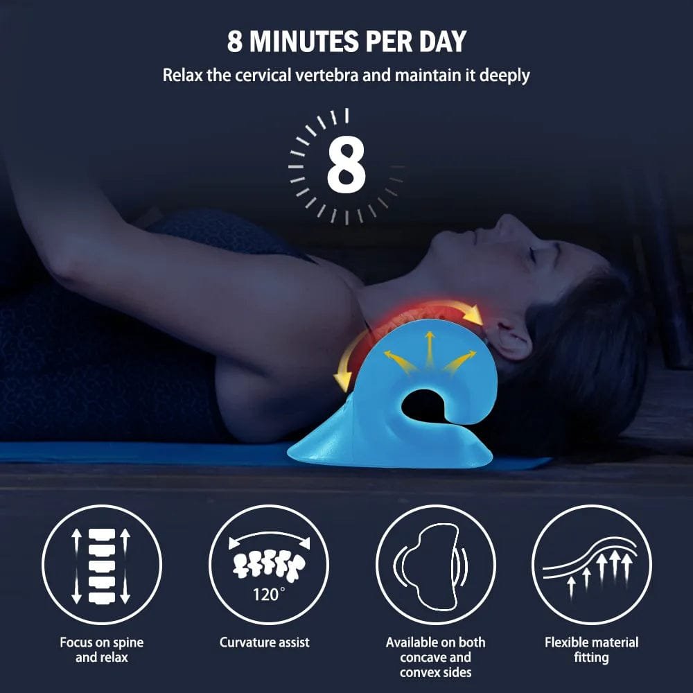 Person using a neck pillow with text about its benefits on a dark background