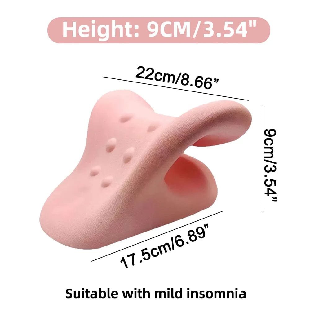 Pink ear-shaped pillow with measurements on a white background