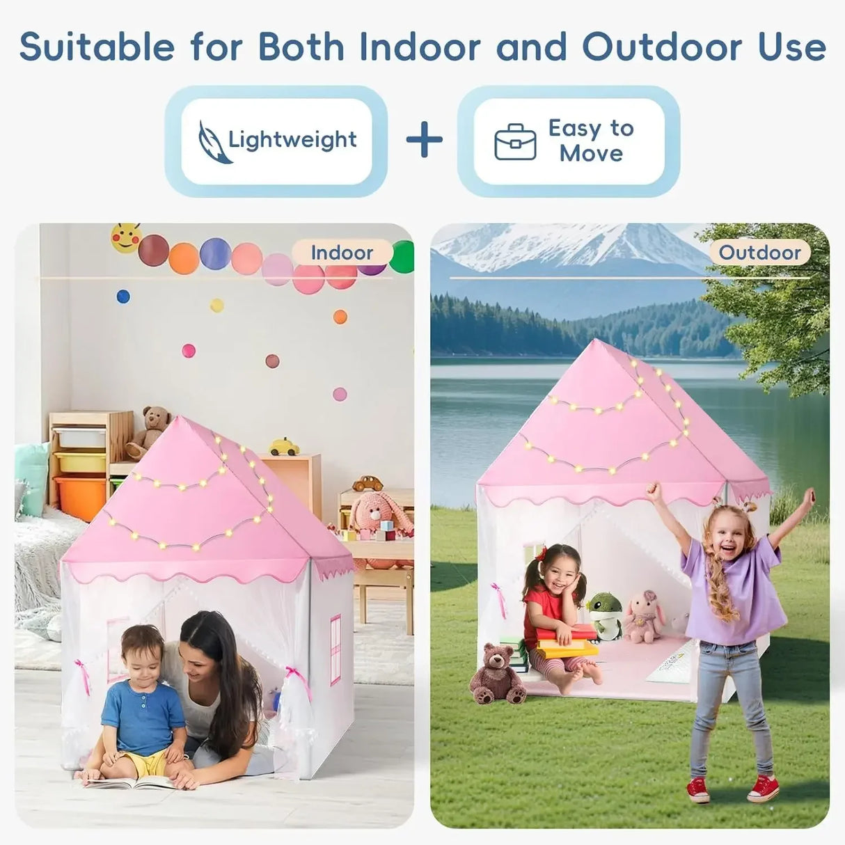 Children's playhouse suitable for indoor and outdoor use with text indicating it is lightweight and easy to move.