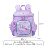 Purple backpack with unicorn design and measurements