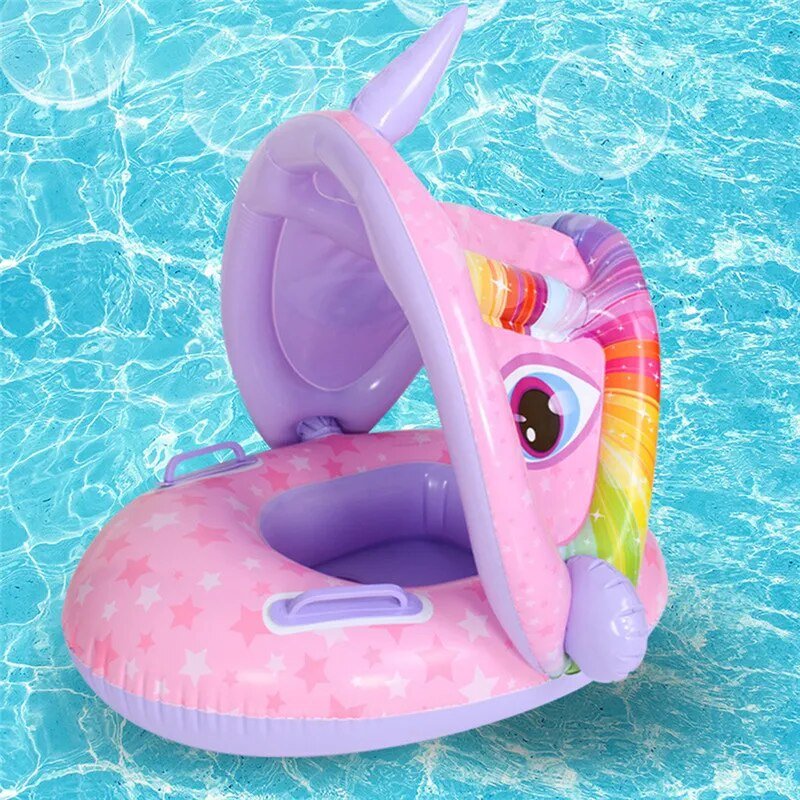 Pink and purple inflatable unicorn pool seat with rainbow mane on a blue water background