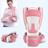 Pink baby carrier with multiple views and a woman using it.