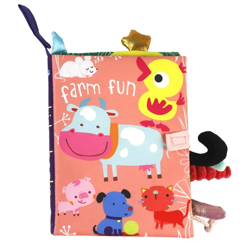 Children's soft book with farm animal illustrations on a white background