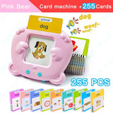 Pink educational card machine with cards and a dog illustration on a white background