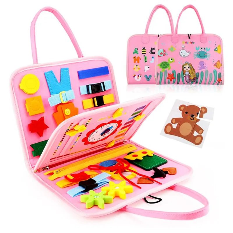 Pink educational toy with colorful shapes and a teddy bear picture on a white background