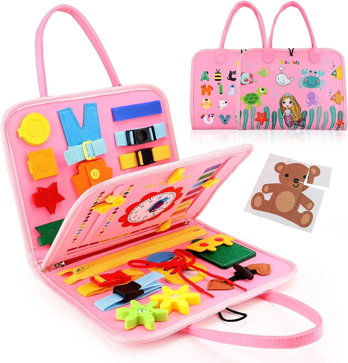 Pink educational toy set with various colorful components and a matching carrying case.