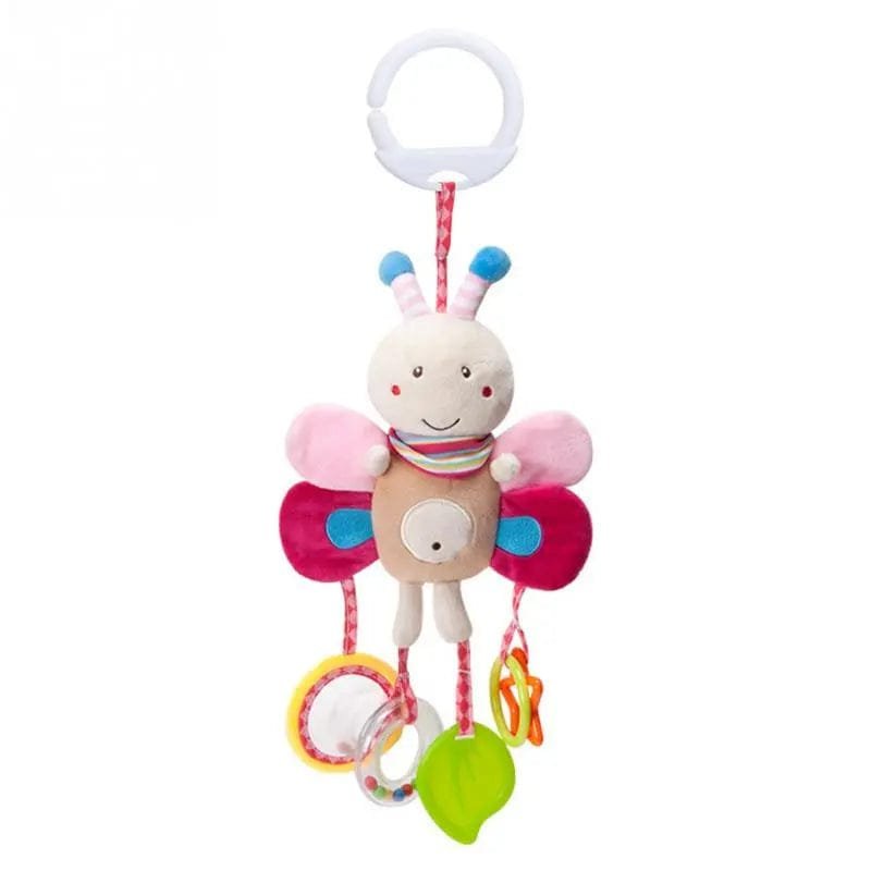 Colorful butterfly-shaped baby toy with rings and a bell.