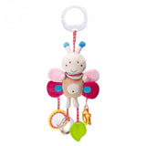 Colorful butterfly-shaped baby toy with rings and a bell.