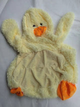 Plush toy duck with orange feet and beak on a white background
