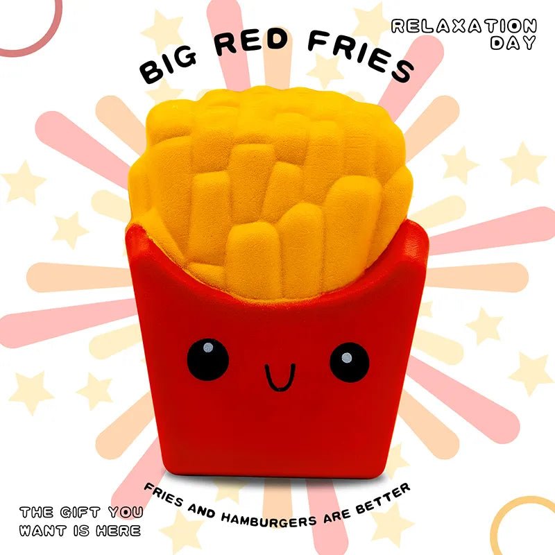 Plush toy resembling a container of fries with a happy face on a colorful background.