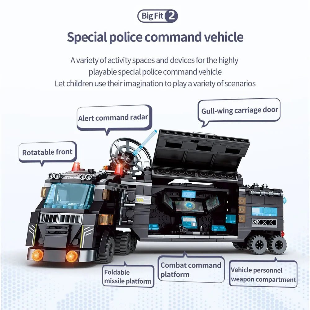 Toy special police command vehicle with features highlighted.