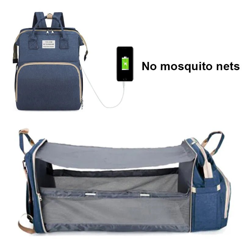 Blue backpack with mosquito net attachment.