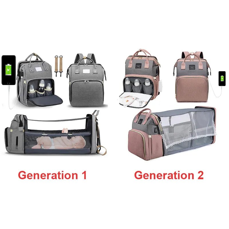 Comparison of Generation 1 and Generation 2 baby bags with various compartments and features.