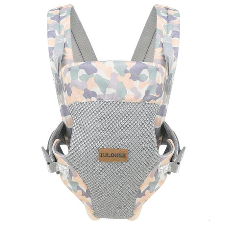Baby carrier with pastel camouflage design.