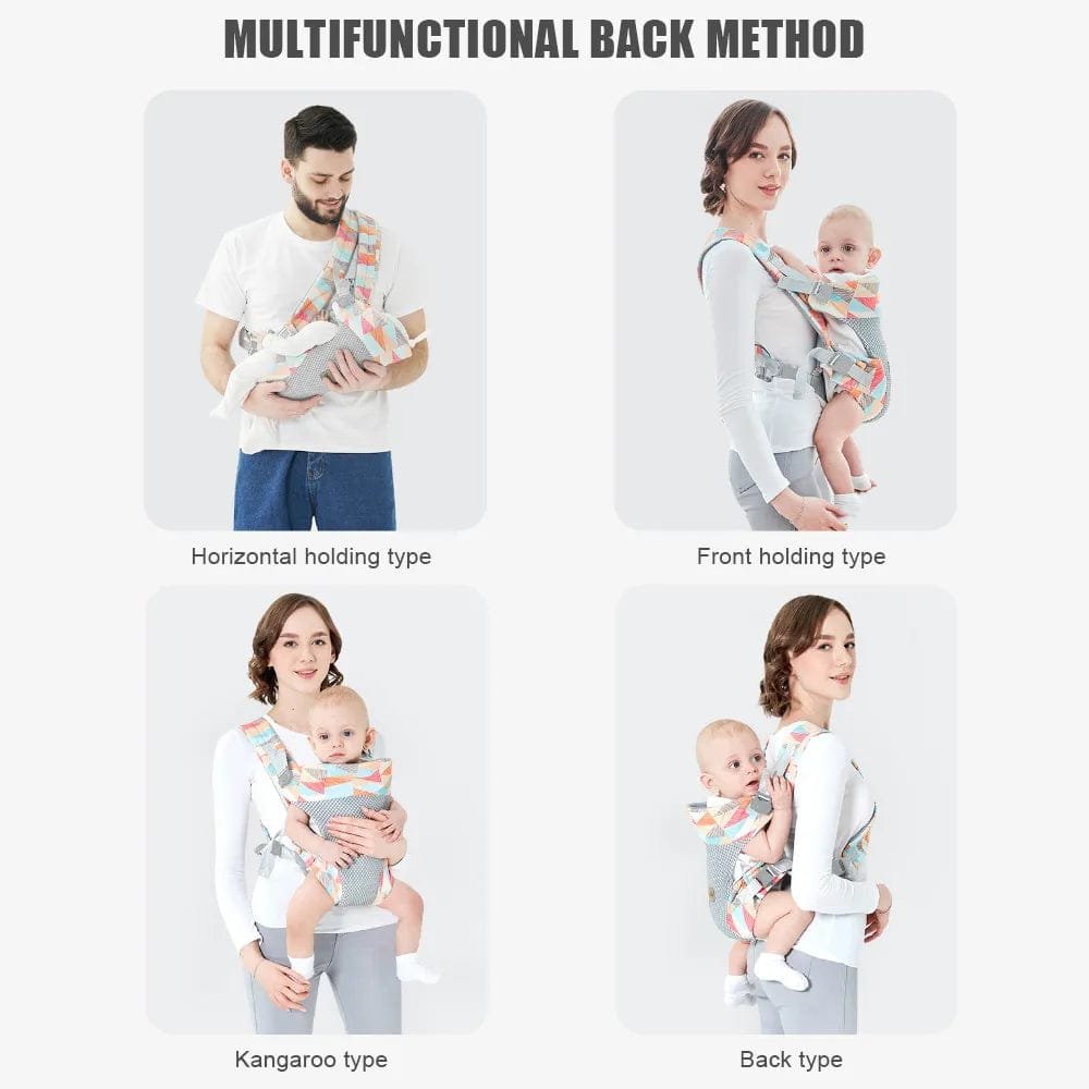 Multifunctional baby carrier with different holding methods.