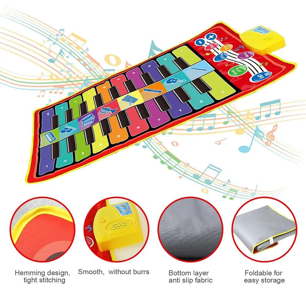 Colorful children's keyboard mat with musical notes.