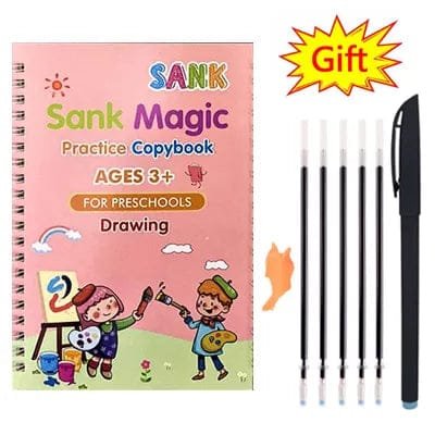 Sank Magic Practice Copybook for preschoolers with five pens and a gift star on a white background