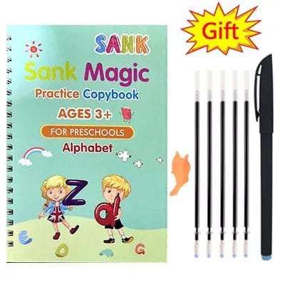 Sank Magic Practice Copybook with pens and a gift star on a white background