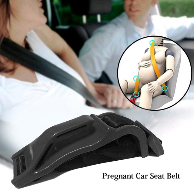 Pregnant car seat belt adjuster with inset showing correct belt placement on a pregnant woman.