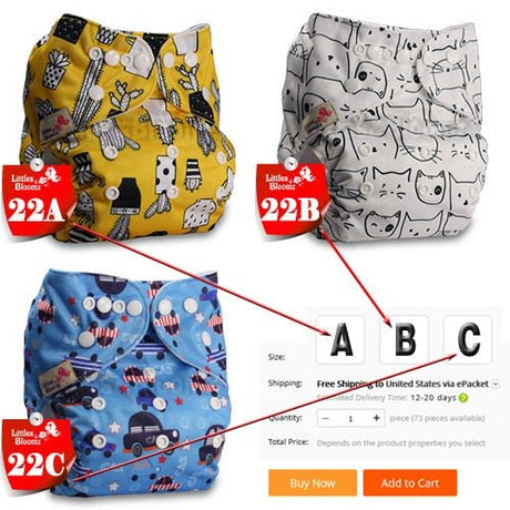 Three patterned cloth diapers with size labels and purchasing options