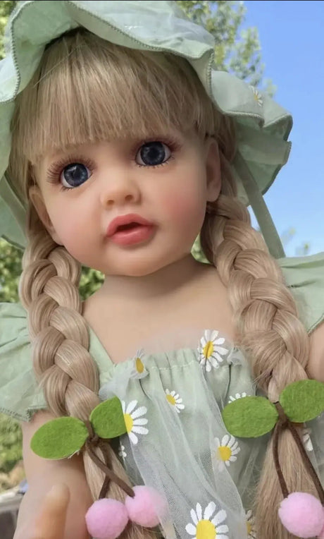 Doll with braided hair and floral dress against a natural background