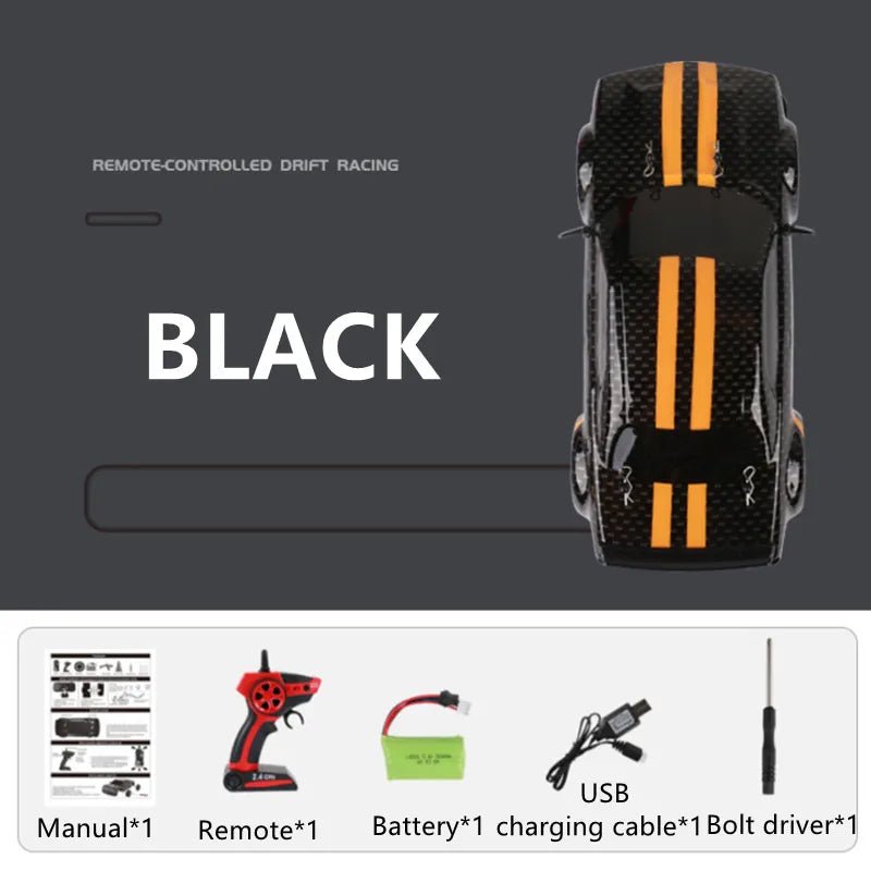 Black remote-controlled car with orange stripes on a gray background, featuring text and icons of included accessories.