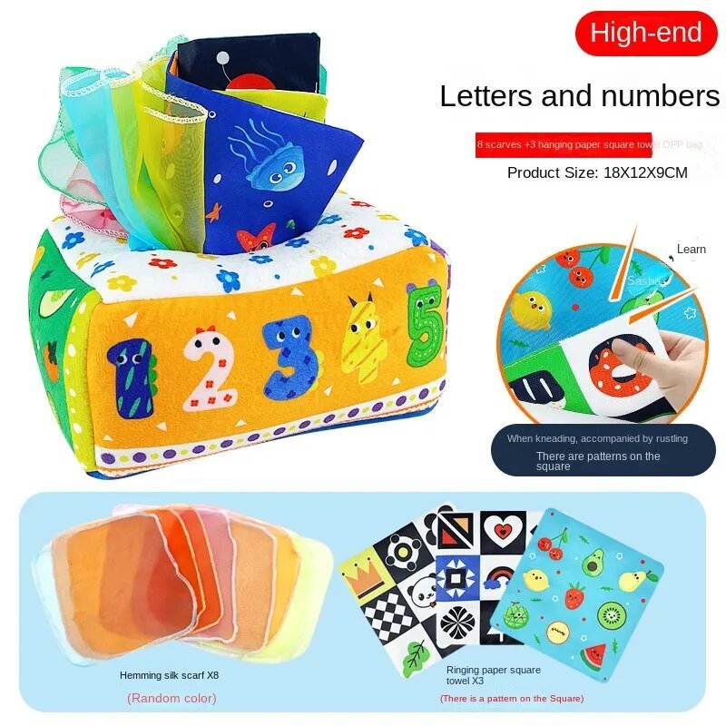 Colorful educational toy with letters and numbers, featuring additional items like cards and paper squares.