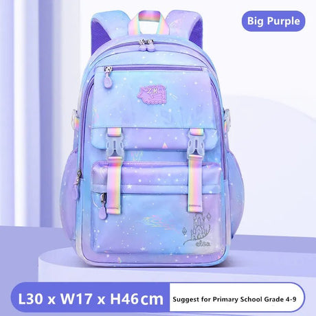 Gradient purple and blue backpack with colorful straps.