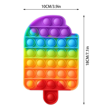 Colorful pop-it toy shaped like a popsicle with dimensions indicated.