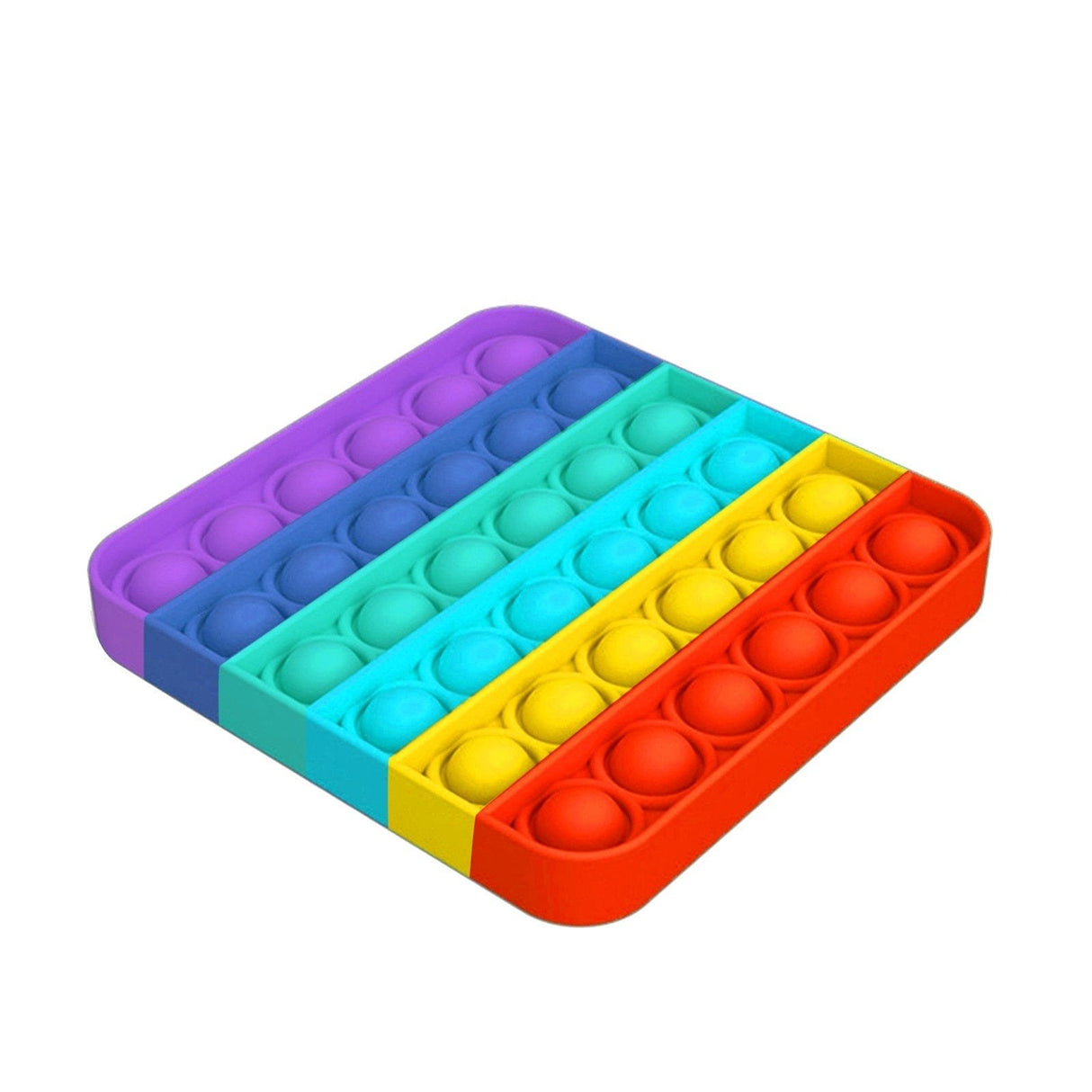 Colorful pop-it fidget toy with purple, blue, green, yellow, and red sections.