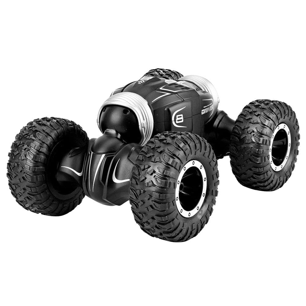 Black toy vehicle with six wheels.