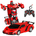Red toy car transforming into a robot with a remote control.