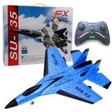 Blue SU-35 RC stunt flying aircraft with remote control and packaging.