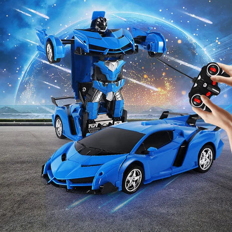 Blue toy car transforming into a robot with a remote control held by a hand.