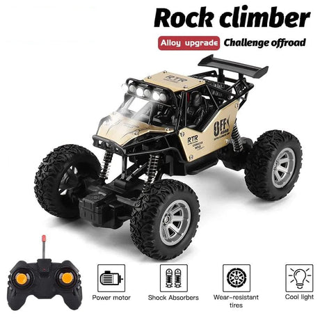 Toy off-road vehicle with remote control and features listed