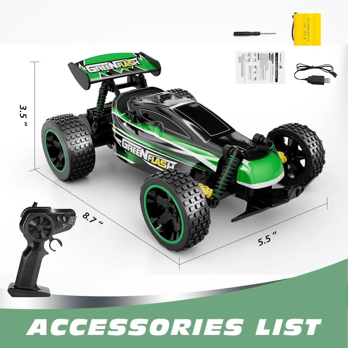 Green and black RC car with remote control, battery, and charger 