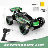Green and black RC car with remote control, battery, and charger 