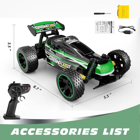 Green and black RC car with remote control, battery, and charger 