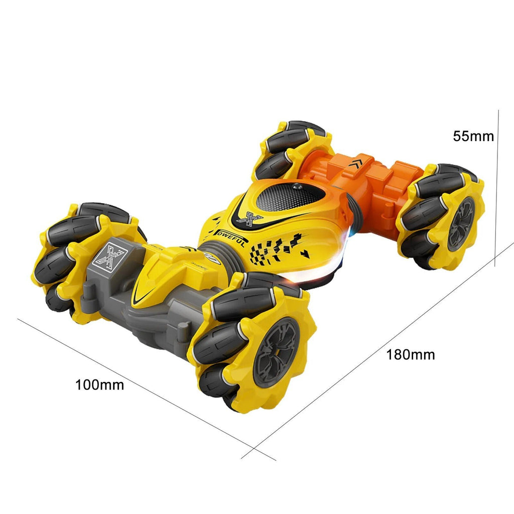 Toy weapon with yellow, black, and orange design, showing measurements.