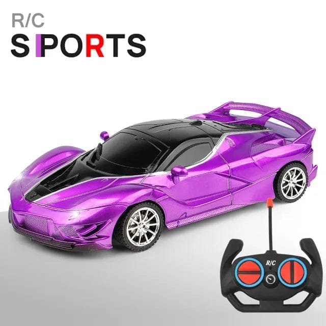 Purple toy sports car with remote control on a white background, featuring 'R/C Sports' text.