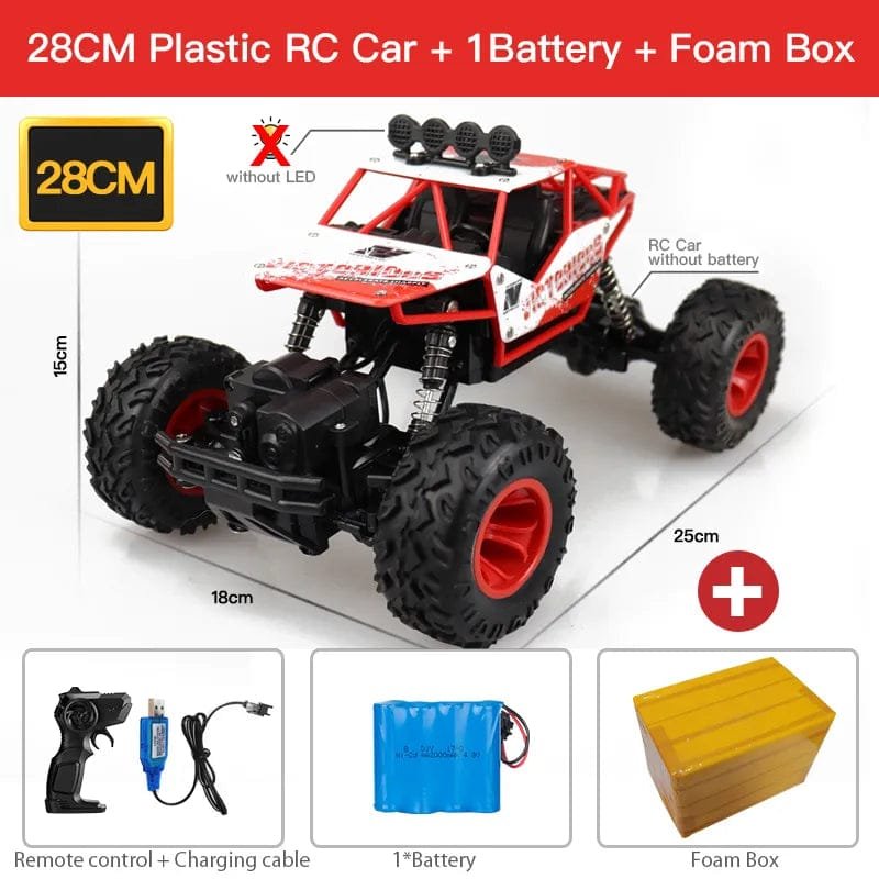 Red and black RC car with battery and foam box 
